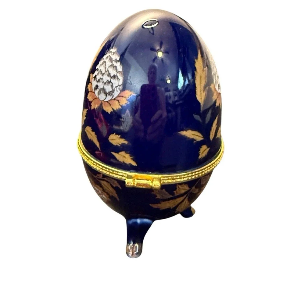 Cobalt Blue Porcelain Egg Form Trinket Box w/ Flowers Decoration